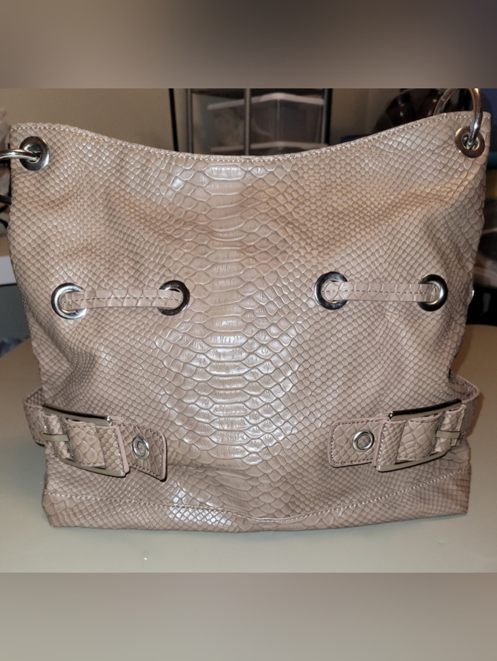 Reflections Brand Faux  Snakeskin Bag in Taupe.